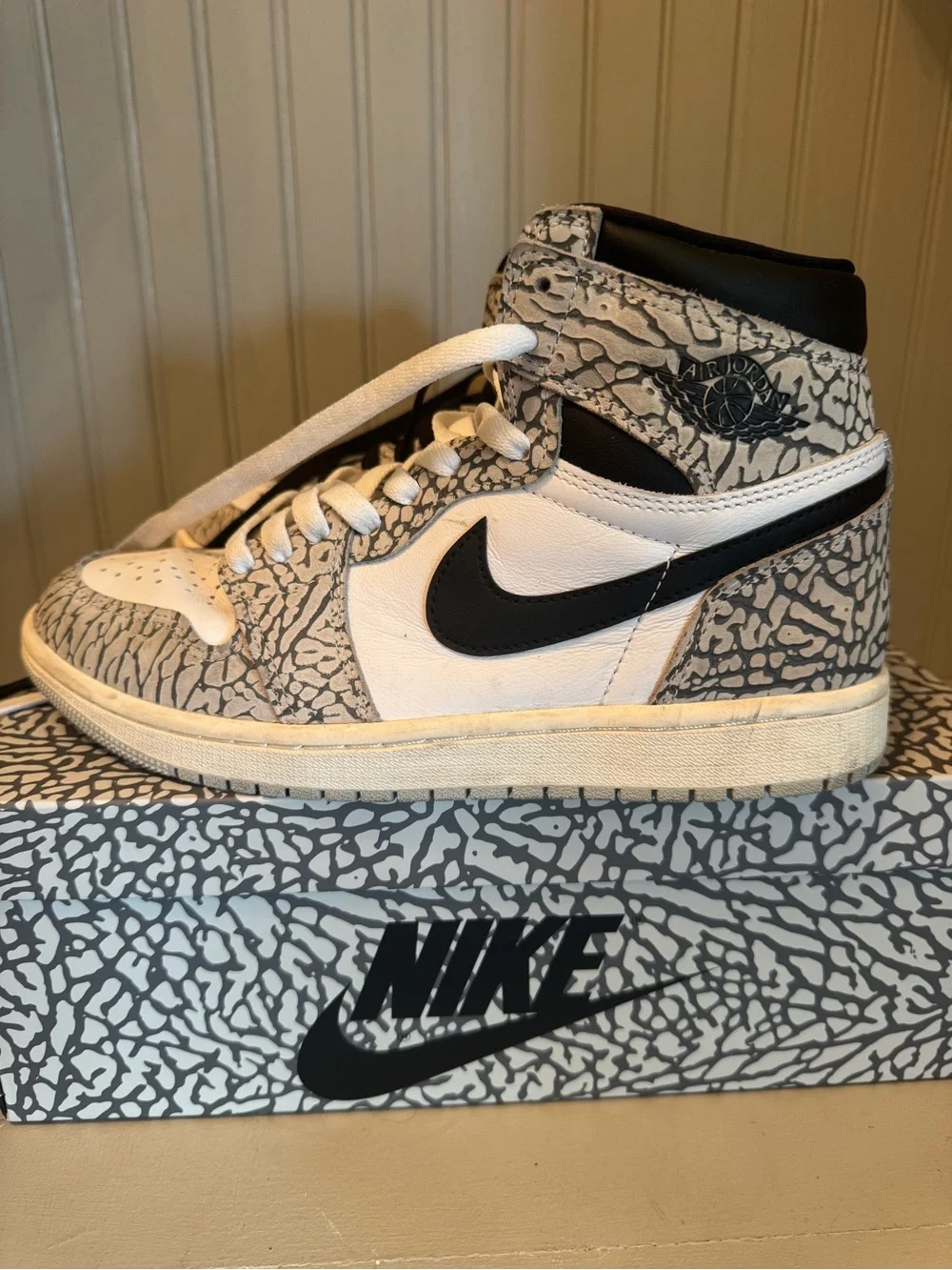 Nike Air Jordan 1 High Top Sneakers - White, Black & Elephant Print